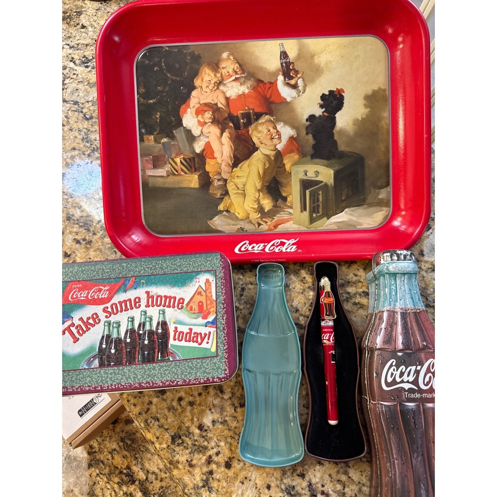 Coca-Cola Vintage Style Tin Bundle 1986 Santa Tray Pen Set Storage Tins 5pc‎ Lot